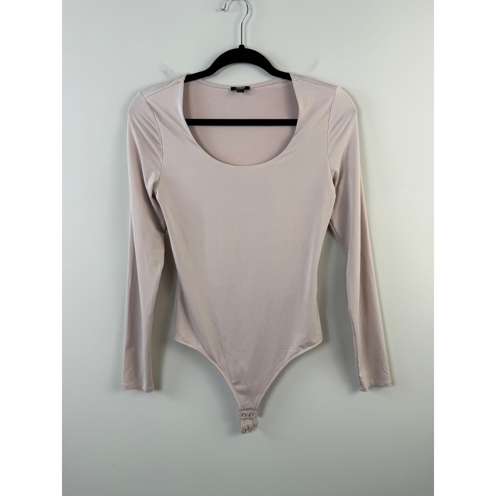 Express Body Contour Bodysuit Women Small Pink Long‎ Sleeve Scoop Neck Stretch